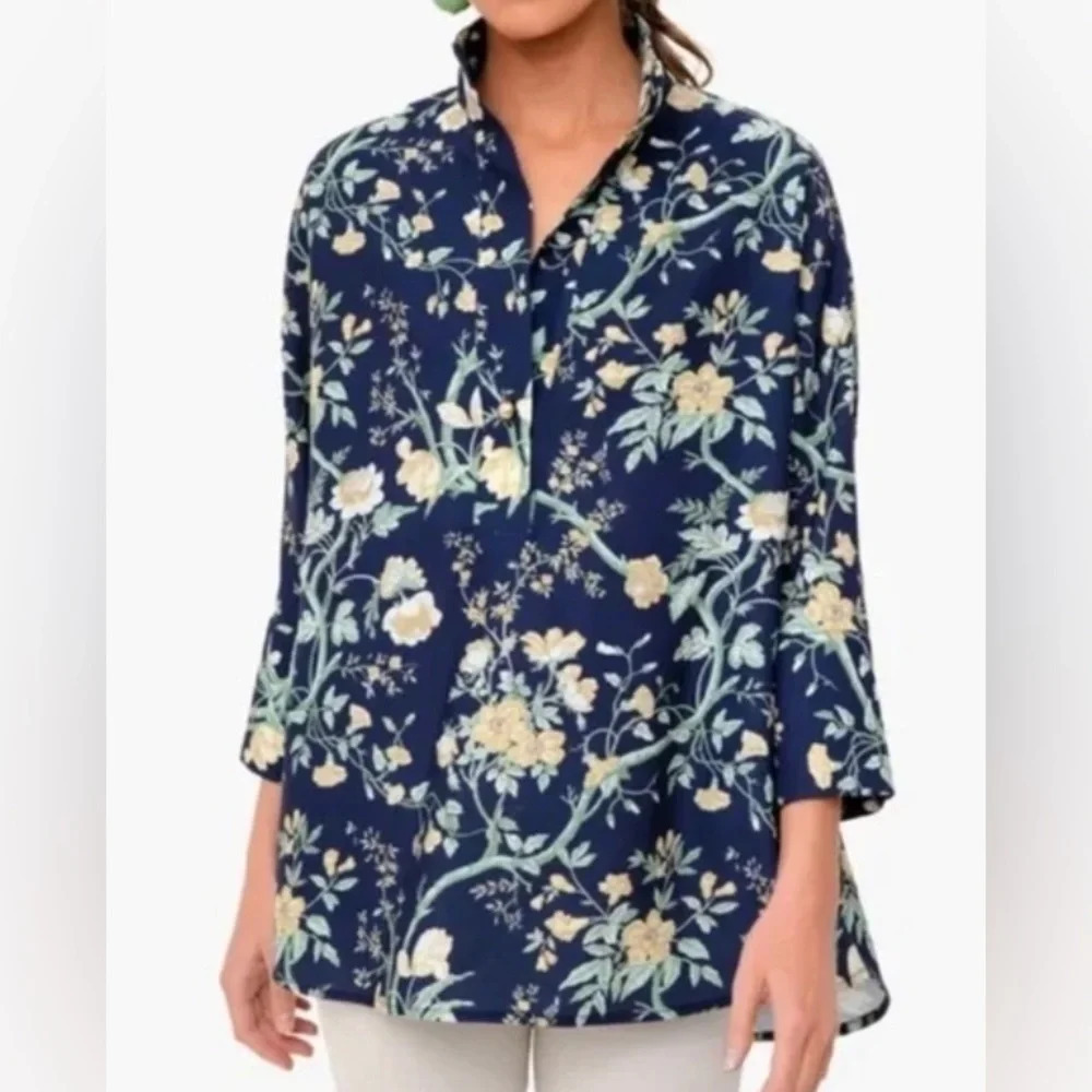 Tuckernuck Blue Floral Willow 3/4 Sleeve Poly Blouse XXL
